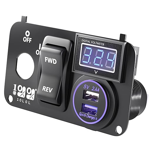 10L0L Golf Cart Integrated Panel Fit for EZGO TXT PDS Golf Models,3in1 Multifunctional Console,12V 3.0 Fast Charge Dual USB Charger Socket & LED Digital Voltmeter & Forward Reverse Switch Button