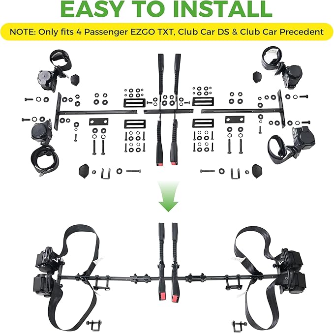 10L0L 4 Passenger (2+2) Golf Cart Seat Belt Kit for EZGO, Yamaha, Club Car, Fits Front Rear Seat, with Bracket