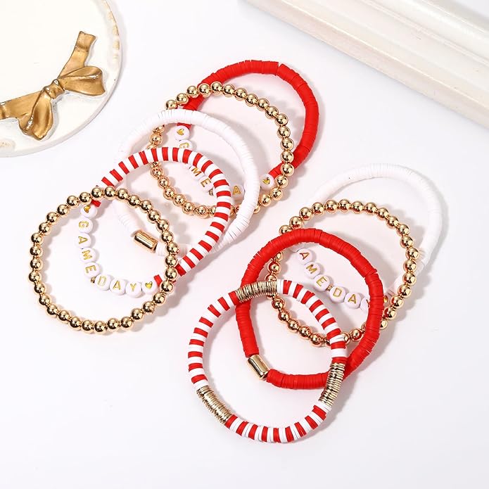 NLCAC 9 Pack Game Day Bracelets Stackable Heishi Beaded Stretchy Bracelet Preppy Jewelry Baseball Football Team Bracelets Sports Fan Accessories Gifts