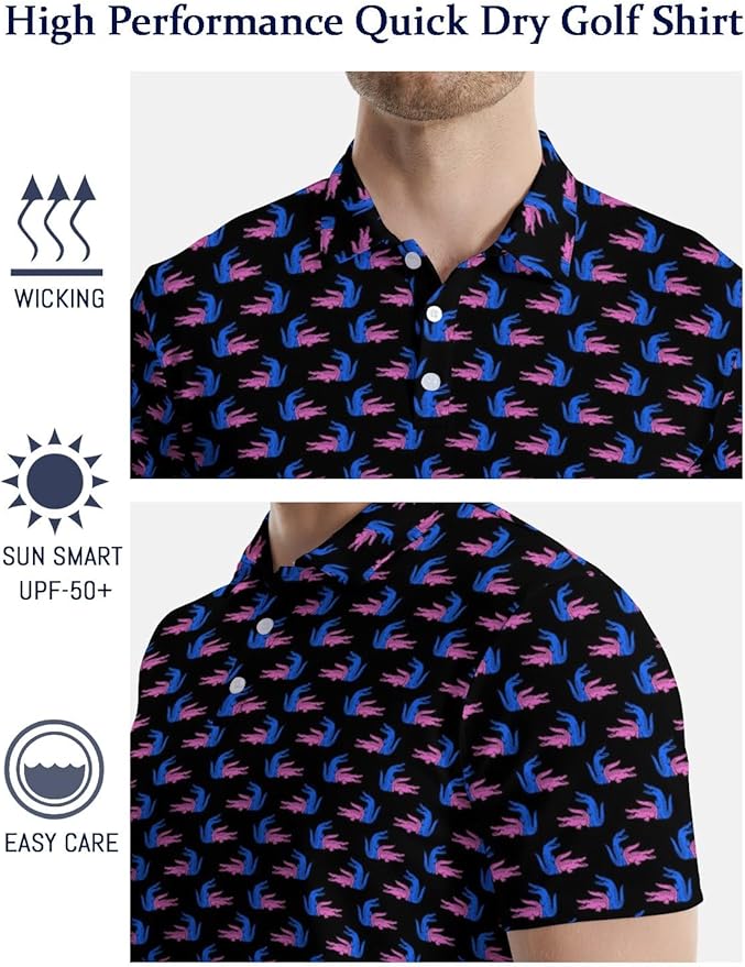 HUURAY Funny Golf Polos for Men Funny Print Short Sleeve Shirts Quick Dry Polo Shirts Hawaiian Shirt Performance Golf Outfits