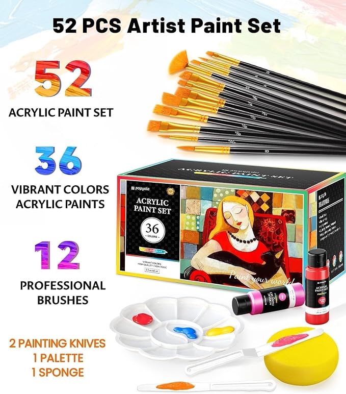 52 PCS Acrylic Paint Set with 12 Brushes, 2 Knives & Palette, 36 Colors Art - Image 2