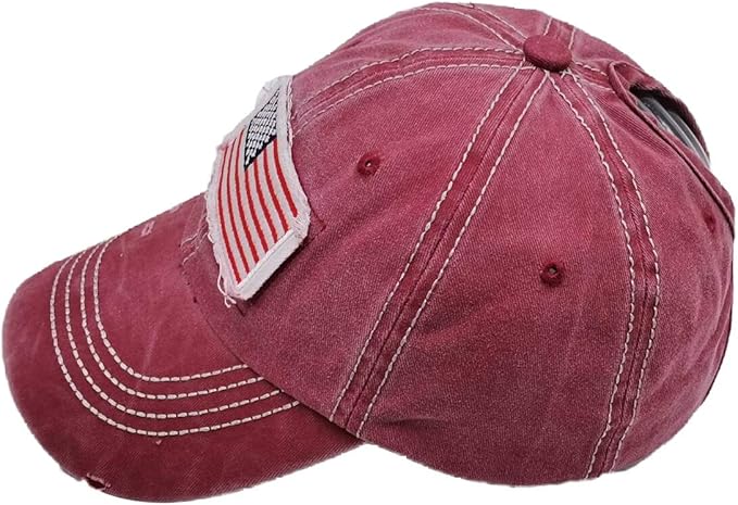 Women American Flag Ponytail Hat, Embroidery Adjustable Washed Distressed Messy Bun Baseball Cap …