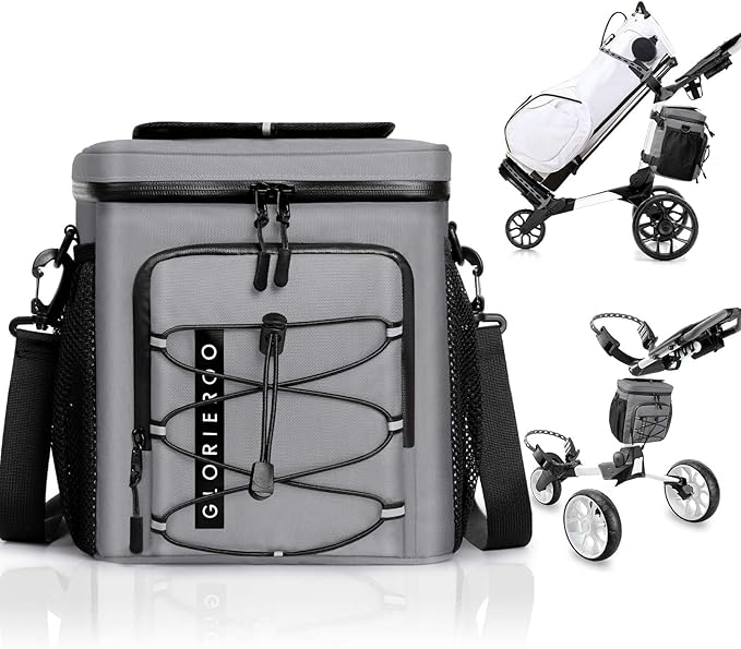 Golf Cart Cooler Bag Insulated - 12-Can Leakproof Soft Cooler Bag with Hook-and-Loop Lid, Waterproof Zippers, and Multi-Pockets for Accessories; Fits on Golf Push Cart