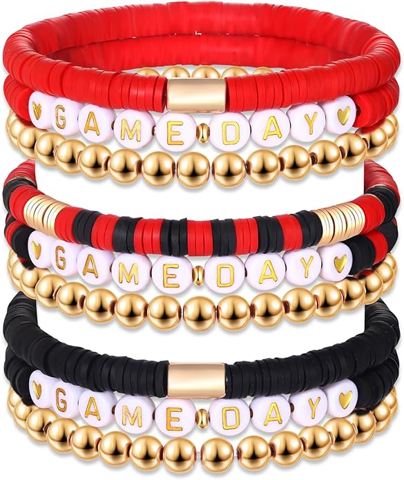 NLCAC 9 Pack Game Day Bracelets Stackable Heishi Beaded Stretchy Bracelet Preppy Jewelry Baseball Football Team Bracelets Sports Fan Accessories Gifts