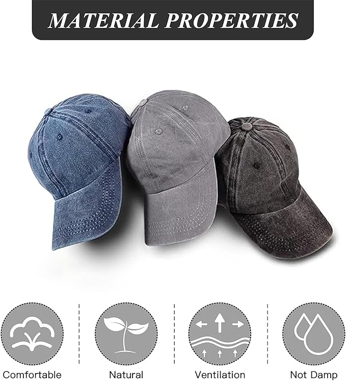 3 Pack Men Womens Baseball Cap Plain Retro Adjustable Baseball Cap Washed Cotton Dad Hats