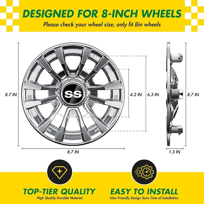(4-Pack) Premium 8" Golf Cart Hub Caps, Hubcaps & Wheel Rim Covers, 6-Spoke Design for Club Car, EZGO, Yamaha (Excludes RXV Models) - 8 Inch Set, Abs,Steel, Acrylonitrile Butadiene Styrene
