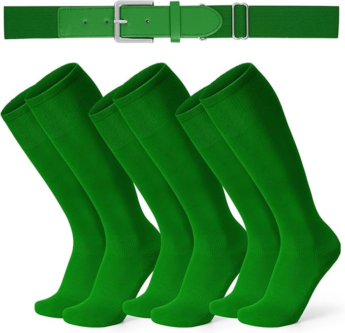 XZQTIVE 3 Pairs of Baseball Softball Socks and 1 Baseball Softball Belt Combo Set Knee-High Soccer Socks for Kids Youth Adult
