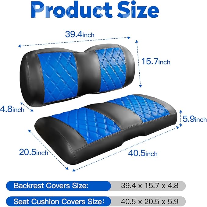 NOKINS Golf Cart Seat Covers Fit EZGO TXT RXV Freedom Liberty Express Premium Front Seat Cushion, Golf Cart Accessories Replacement Premium Front Seat Covers, No Stapler (Blue&Black)