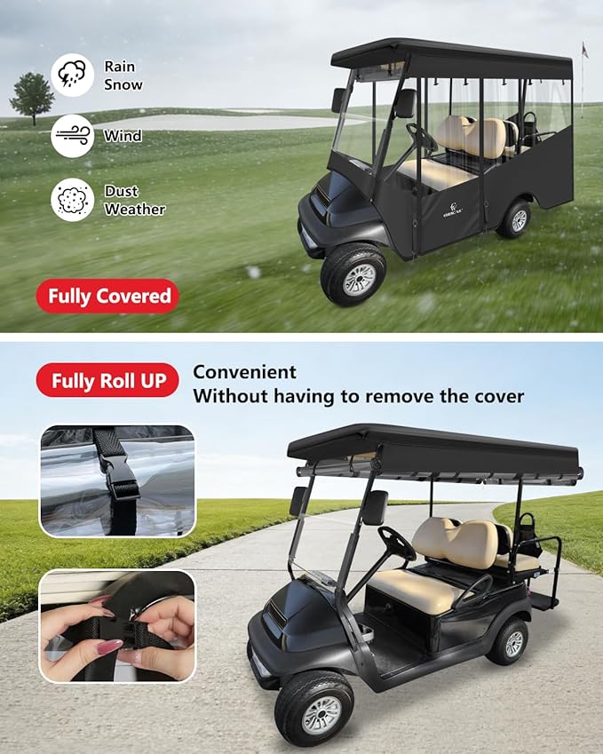 Golf Cart Enclosures 4 Passenger,Golf Cart Cover for Club Car Precedent Long Roof 2+2 Seater,Waterproof 600D Driving Rain Cover,Roll Up 4-Sided Clear Windows&Door,Club Car Golf Cart Cover Accessories