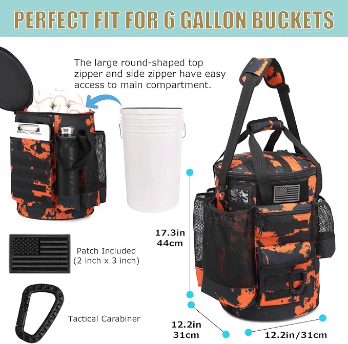 Baseball Bucket Bag Baseball Coaching Accessories Organizer Tactical Style Softball Bucket Bag with Anti-Slip Bottom, Multiple Pockets for Bat, Gloves, Scoreboards