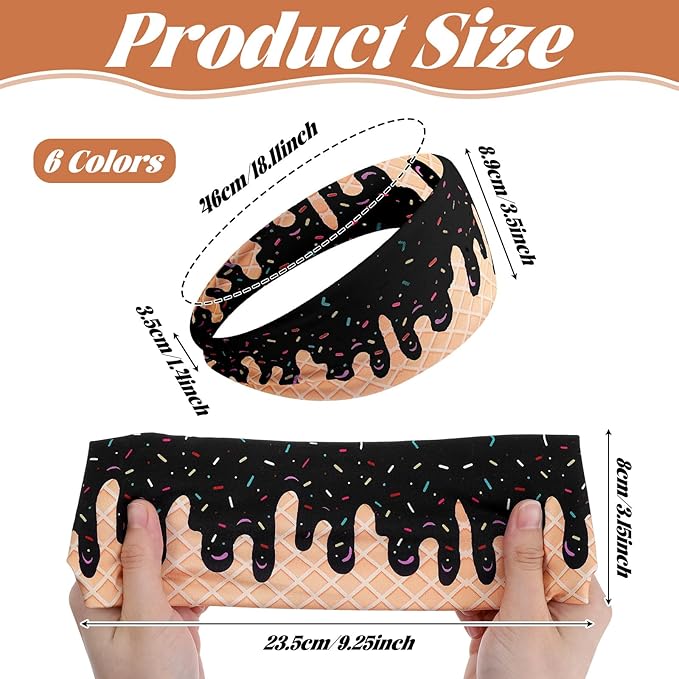 6 Pcs Ice Cream Baseball Headbands, Elastic Polyester Sweatband Multi Color Headbands for Basketball Football Golf Ice Cream Drip Headscarf Baseball Stuff for Men