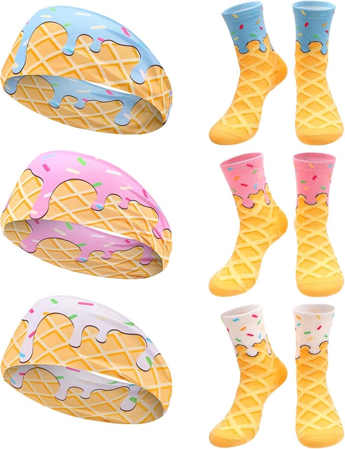 Ice Cream Baseball Headband and Ice Cream Sock Sports Elastic Sweatband Funny Sports Baseball Gifts for Youth Teen Women Men Athletes Football Basketball Running Gym Party Favors