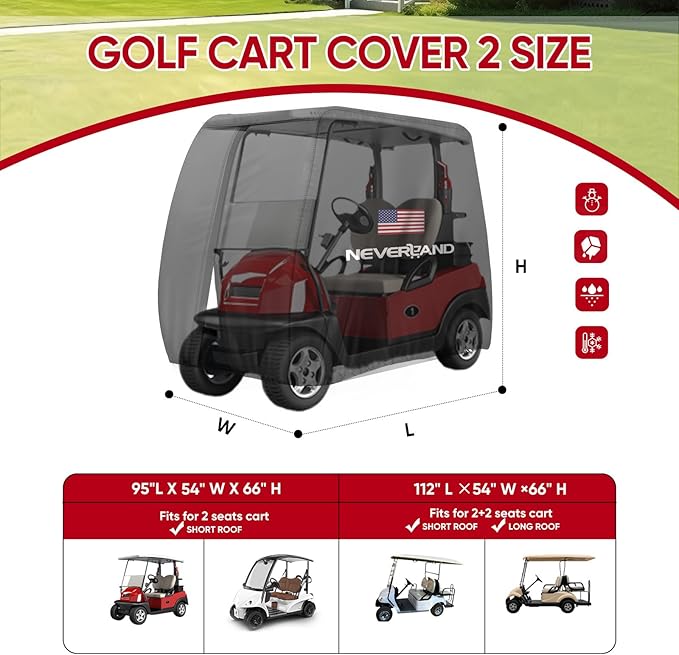 NEVERLAND Golf Cart Cover 4 Passenger - 420D Waterproof Golf Cart Covers Extended Roof Compatible with EZ GO Club Car Yamaha Golf Carts, Outdoor Dustproof 4 Seat Club Car Cover (Up to 112 Inch)