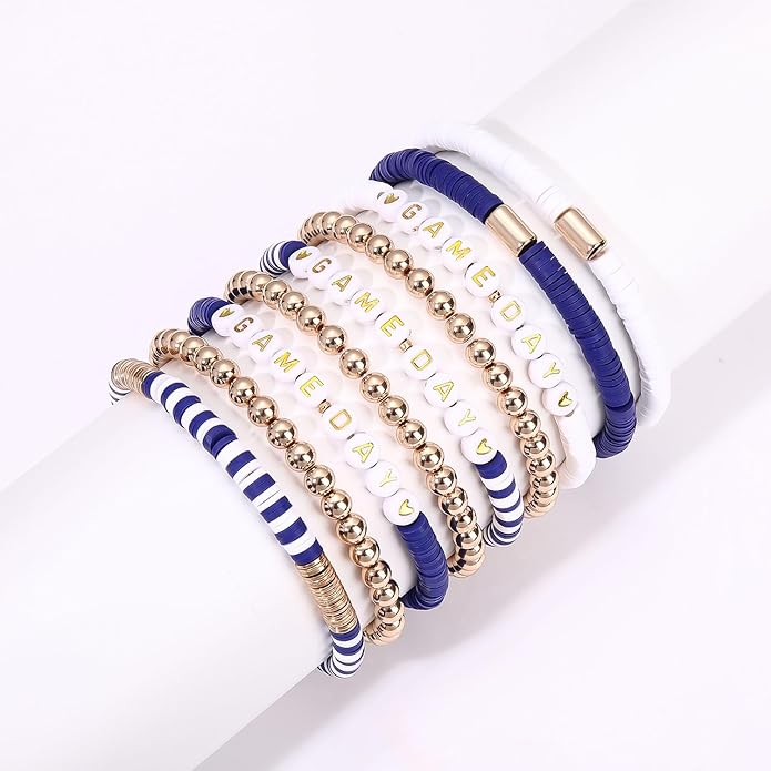 NLCAC 9 Pack Game Day Bracelets Stackable Heishi Beaded Stretchy Bracelet Preppy Jewelry Baseball Football Team Bracelets Sports Fan Accessories Gifts