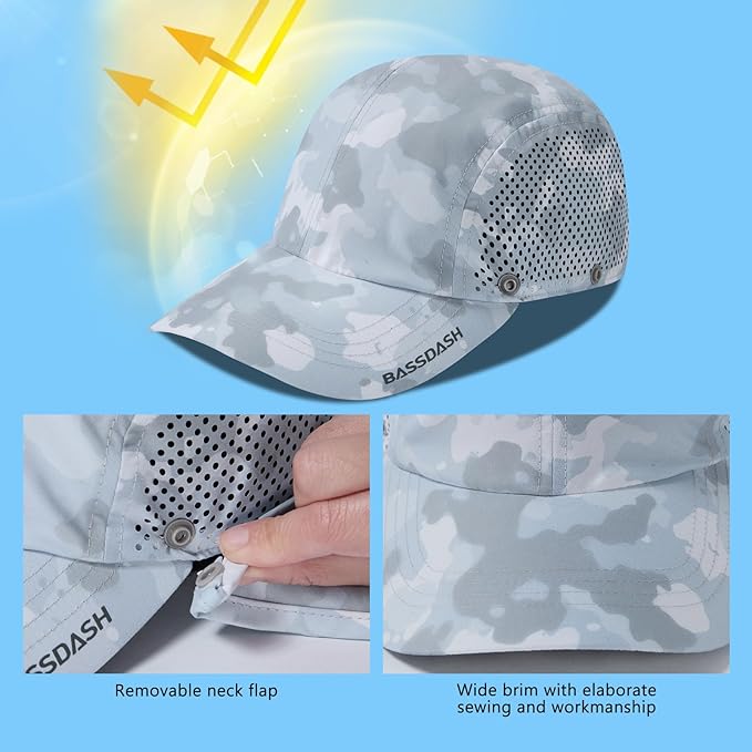 BASSDASH UPF 50+ Foldable Fishing Hat Baseball Cap with Removable Neck Flap Portable for Men Women Golf Hiking