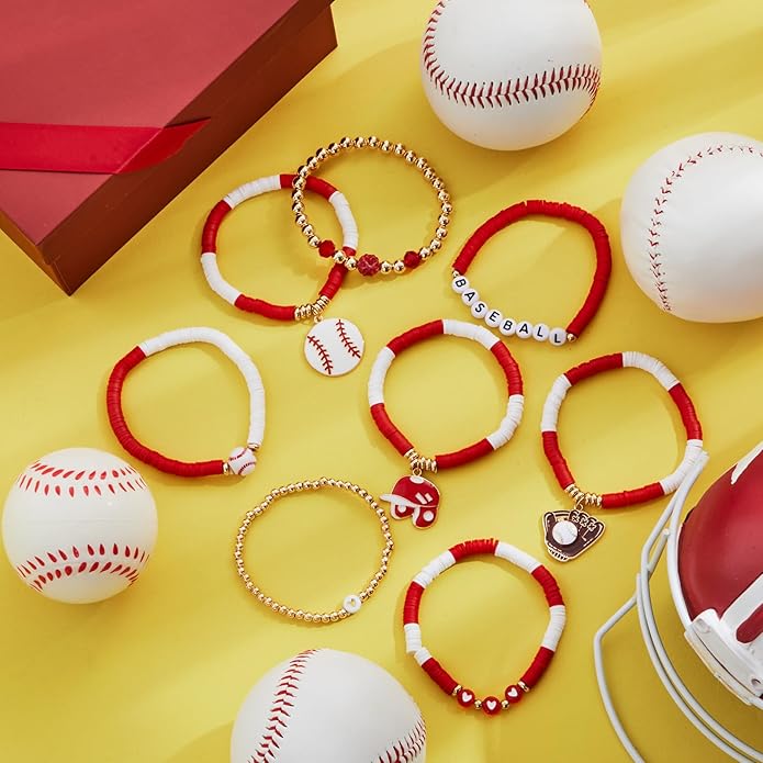 Huquary 8 Pack Sports Bracelets for Women Mom Soccer Baseball Football Volleyball Basketball Stackable Heishi Clay Beaded Bracelet Accessories Fan Outfits Jewelry Gifts for Sports Party Favor
