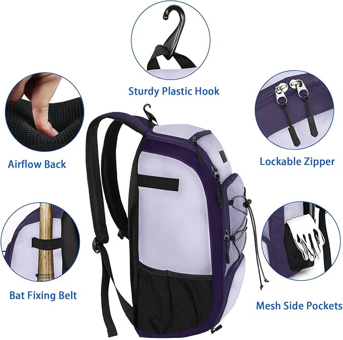 MATEIN Baseball Backpack, Softball Bat Bag with Shoes Compartment for Youth, Boys and Adult, Lightweight Baseball Bag with Fence Hook Hold TBall Bat, Batting Mitten, Helmet, Caps, Teeball Gear