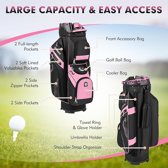 Tangkula Golf Cart Bag with 14-Way Full Length Dividers, 6 Molded Lock Top Golf Club Bag with 11 Pockets, Cooler Bag, Padded Strap, Handles, Umbrella Holder & Rain Hood