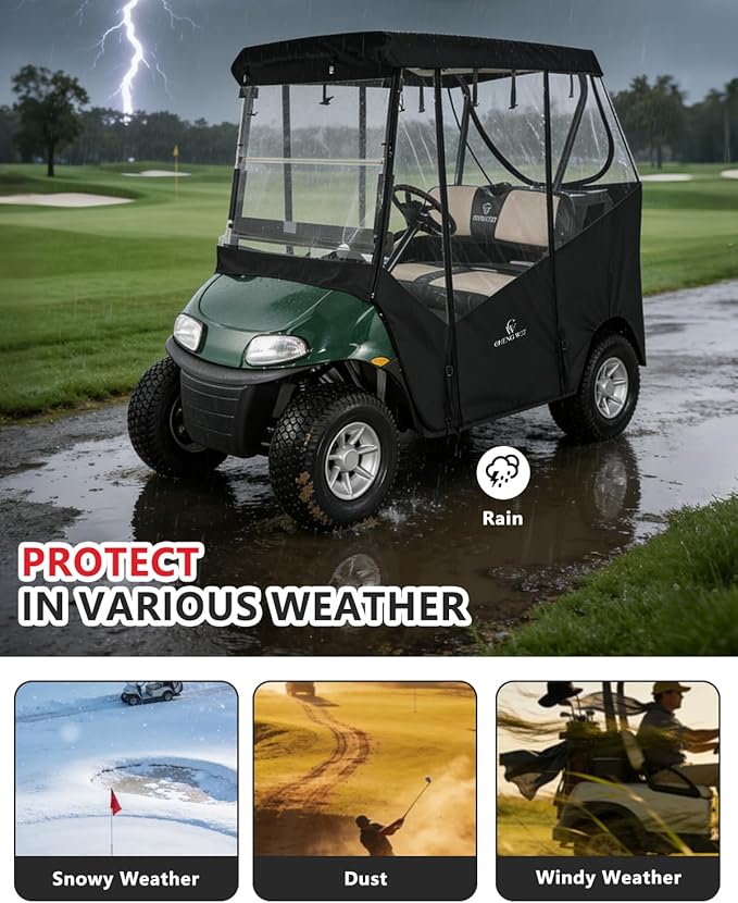 2 Passenger Golf Cart Enclosure for Ezgo TXT RXV, 600D Waterproof Driving Rain Cover with Full Roll-Up Clear Windows & Doors, Heavy Duty Zippers & Side Mirror Openings