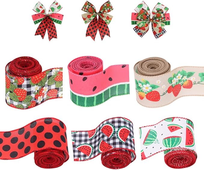 2.5" Watermelon and Strawberry Ribbon, Summer Craft Wire Edged Ribbon, Polka - Image 5