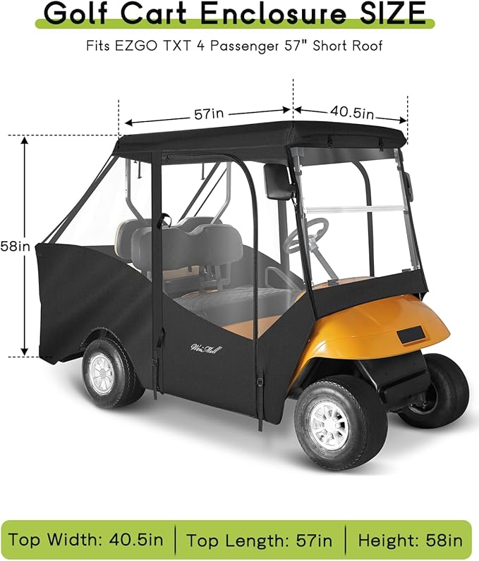 Golf Cart Enclosure 4 Passenger for EZGO TXT Short Roof 2+2 4-Seater Waterproof Windproof Driving Rain Cover 4-Sided Clear Windows Roll-up Door Black