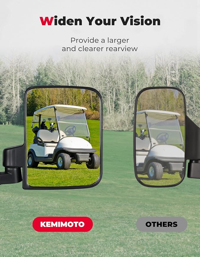 KEMIMOTO No Drilling Golf Cart Side Mirrors, Universal Rear View Mirror for 0.75"-1.25" Square Rail, Folding Design Compatible with EZGO, Club Car, Drive2, ICON, Black