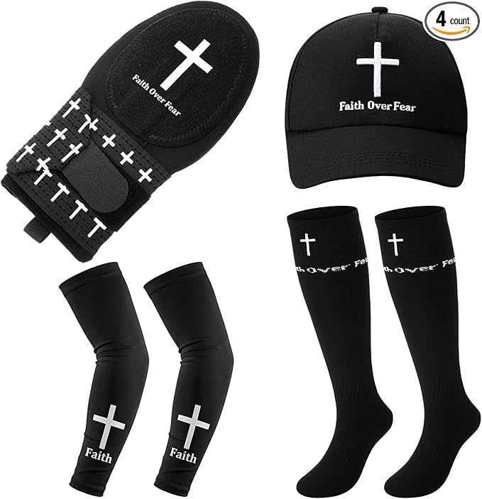 4 Pcs Christian Faith Cross Baseball Guard Accessories Include Christian Sliding Mitt Faith Arm Sleeve Cross Baseball Hat and Religious Socks Left/Right Hands - Hand and Wrist Protection