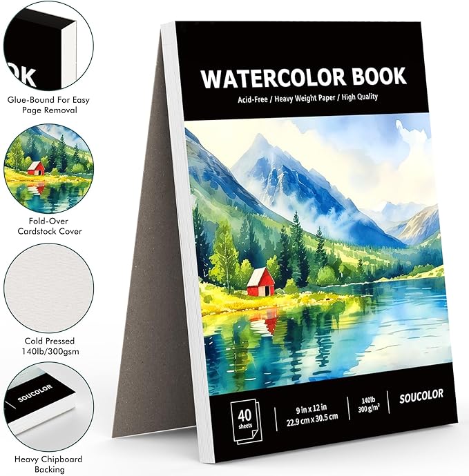 Soucolor Watercolor Paper Pad, 140lb/300gsm 40 Sheets Artist Painting Drawing - Image 2
