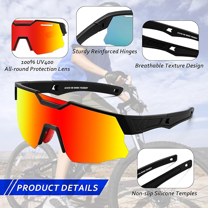 FEISEDY Kids Sunglasses Youth Baseball Sun Glasses, UV400 Sports Teens Cycling Shades for Boys Girls Age 8-16 B0048