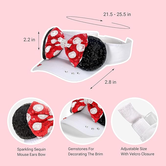 Adult Size Mouse Ears Visors for Women, Adjustable Sun Visor Hat Baseball Cap with Sequin Mouse Ears Bow for Theme Park Decor