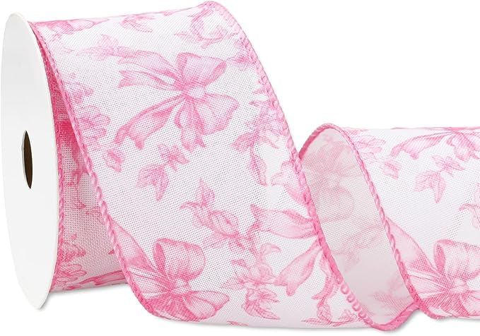 Pink Floral Bow Wired Edge Ribbon Chinoiserie Flower Bowknot Fabric Ribbon by JarThenaAMCS