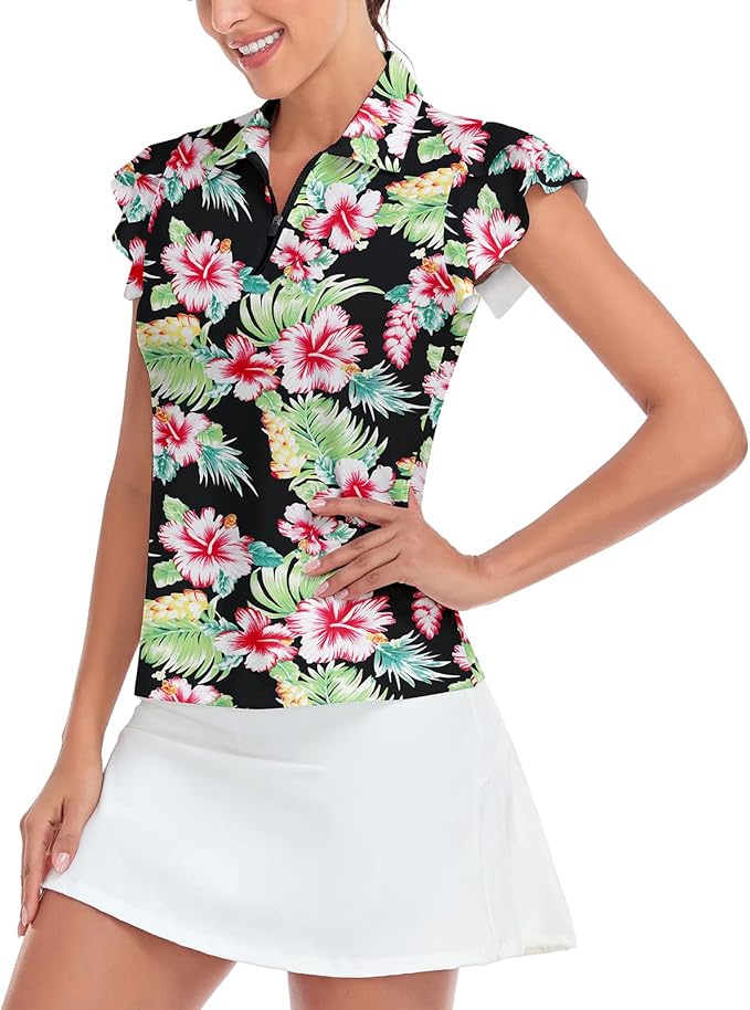 Soneven Womens Petal Sleeve Golf Shirts Moisture Wicking Lady Golf Apparel Print Tennis Sport T Shirt