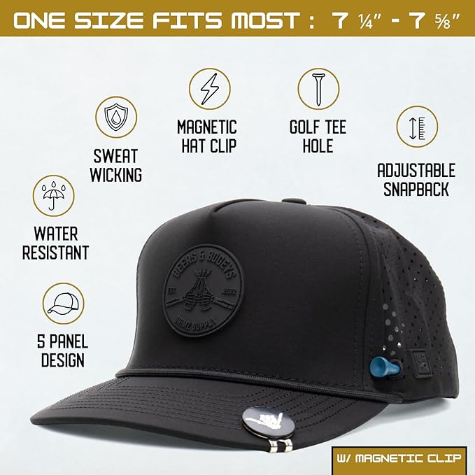 BRIMZ Golf Performance Hat - Tee Holder & Magnetic Ball Marker - Breathable, Sweat & Water Resistant Golfing Snapback Hat