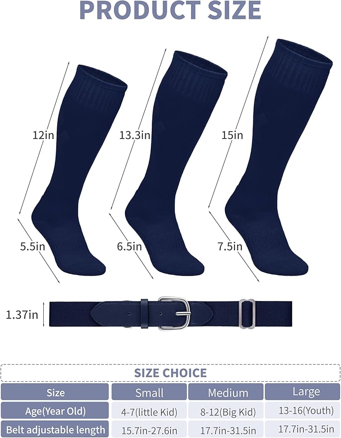 Baseball Socks and Belt Combo Set Cotton Boys Adjustable Baseball Softball Socks and Belt for Boys Girls