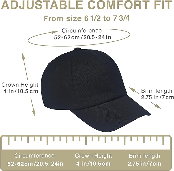 Classic Dad Hat Cotton, Low-Profile Plain Baseball Cap, Adjustable, Breathable and Packable