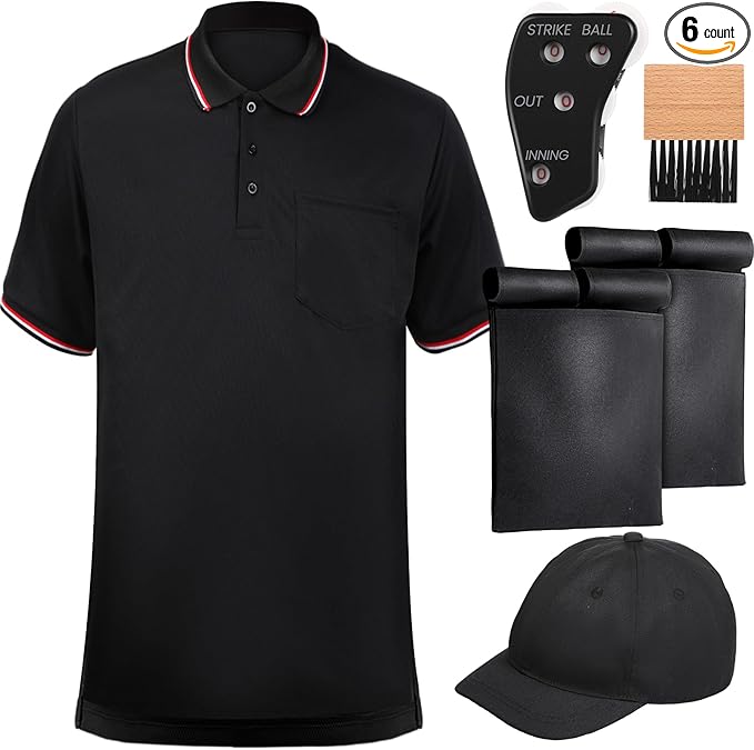 6 Pcs Baseball/Softball Umpire Accessories Set Including Umpire Shirt Hat Indicator Brush Ball Bag for Men Referee