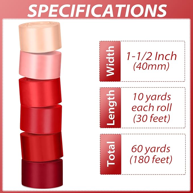 1-1/2 Inch Red Satin Ribbons for Crafts, 6 Rolls Single-Faced Red Assorted - Image 2
