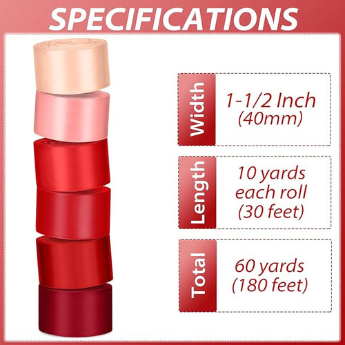 1-1/2 Inch Red Satin Ribbons for Crafts, 6 Rolls Single-Faced Red Assorted - Image 2