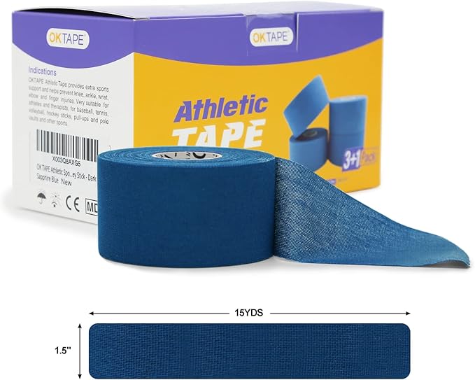 OK TAPE Athletic Sports Tape（4 Packs) - 45ft Per Roll Very Strong Tape for Athlete & Sport Trainers & First Aid Injury Wrap, Perfect for Fingers Ankles Wrist on Bat, Hockey Stick - Dark Blue