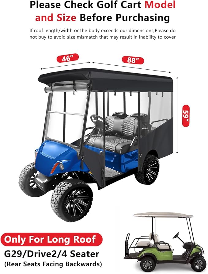 Golf Cart Enclosures 4 Passenger,Golf Cart Cover for Yamaha Long Roof 2+2 Seater,Waterproof 600D Driving Rain Cover,Roll Up 4-Sided Clear Windows&Door,Yamaha Golf Cart Accessories