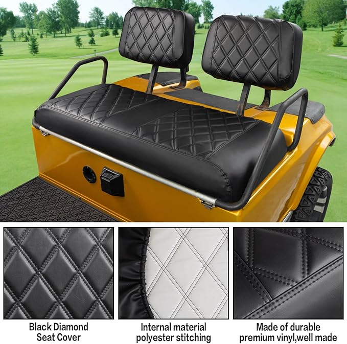 NOKINS Golf Cart Seat Covers Fit Club Car DS Pre-2000 OEM Ordinary Front Seat Cushion,Golf Cart Leather Diamond Replacement Front Seat Cover Black Stitching No Stapler Required