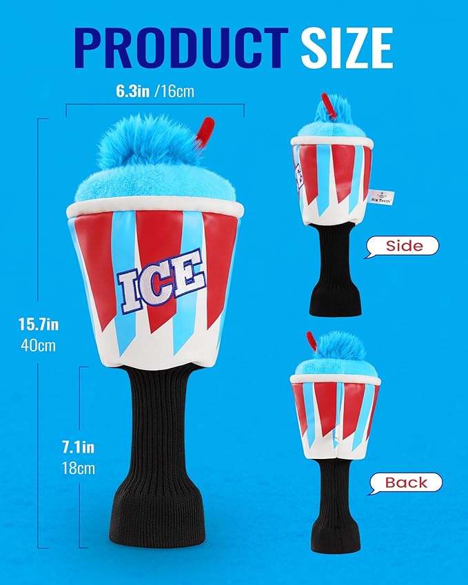 Big Teeth Funny Driver Headcover Ice & Birdiee, Driver Covers for Golf Clubs, Funny Birdie Putter Cover,Milk Shake Ice Cream Mallet Putter Cover,Blue and Red Color Golf Club Protector