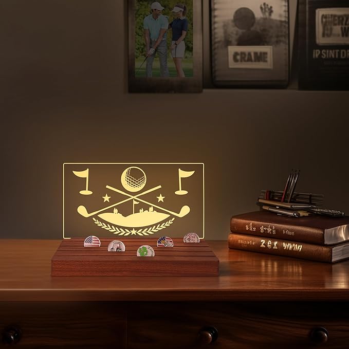Light Up Golf Ball Marker Display, Wooden Acrylic Accessories with Warm White Color Lights USB Powered, Desk Decor, Gift for Golfers
