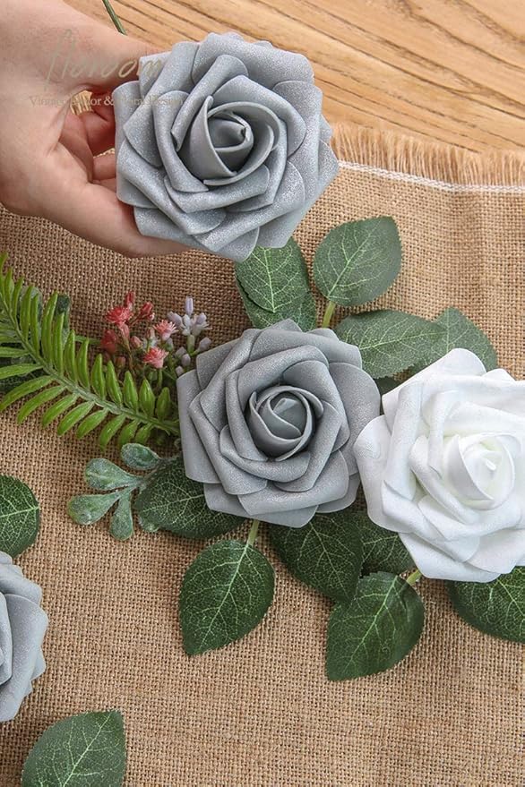 Floroom Artificial Flowers 50pcs Real Looking Shimmer Silver Grey Foam Fake - Image 3
