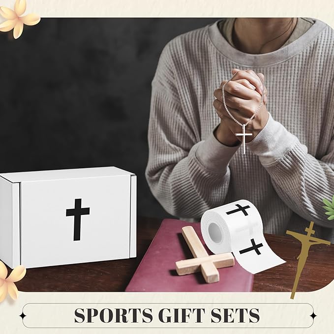 TrelaCo 4 Pack Christian Sports Gift Set with Athletic Tape Sport Socks Cross Necklace Gift Boxes Religious Soccer Socks