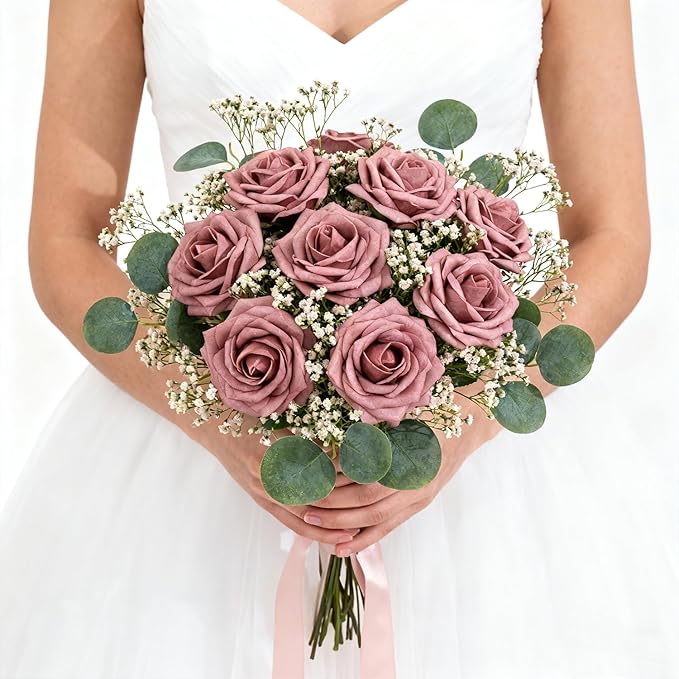 Artificial Flowers Foam Fake Roses 25pcs Dusty Rose Faux Roses - Image 6