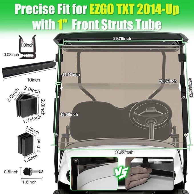 5MM Thick Upgrade PC Foldable EZGO TXT Windshield with Heavy Duty Hinges Only Fit for 2014-Up EZGO TXT Golf Cart with 1" Struts Rail, Anti-UV Impact Resistant Golf Cart Windshield Tinted