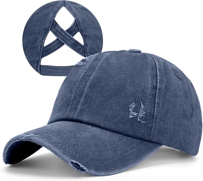 Criss Cross Ponytail Hat Women Washed Distressed Baseball Caps Adjustable High Messy Bun Ponycap