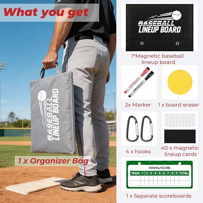Magnetic Baseball Lineup Board for Coaches, Baseball Coaching Accessories Clipboard with Magnetic Player Markers, Portable Baseball & Softball Lineup Board for Dugout, Reusable Baseball Clipboard