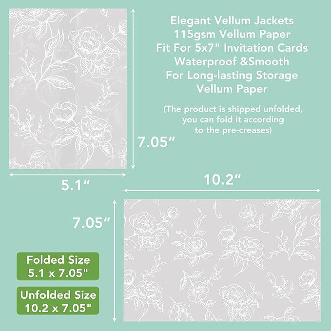 SWANGSA 50 Pack Vellum Jackets for 5x7 Invitations, Elegant White Rose Vellum - Image 2